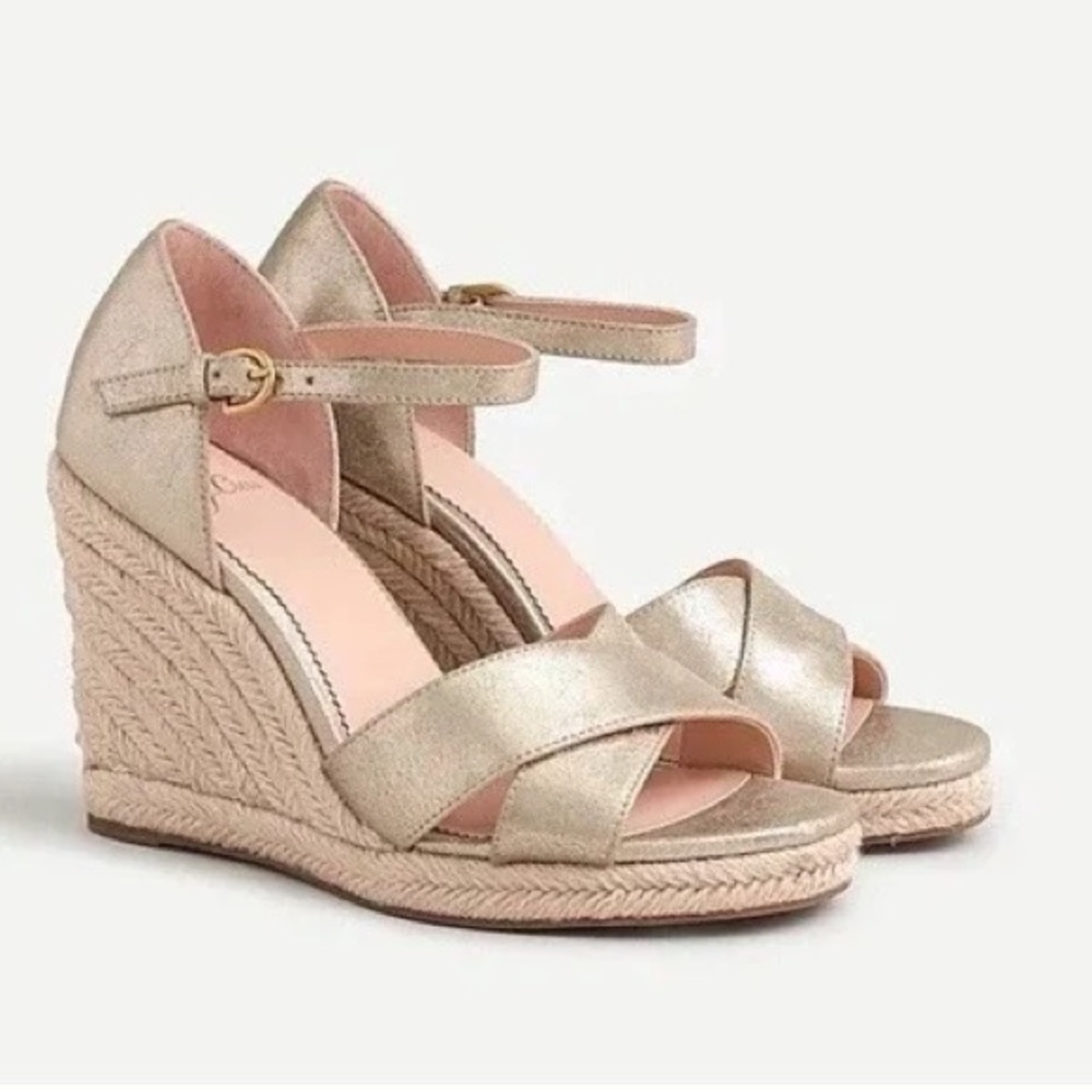 NEW J.Crew‎ Gold Metallic Leather Espadrille Wedge Sandals NWOT Size 8.5